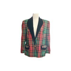1980s Givenchy Tartan Plaid Wool Blazer: Velvet Collar, Size 14W
